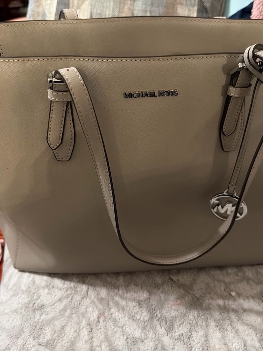 Michael Kors Taupe Saffiano Leather Tote with MK Charm